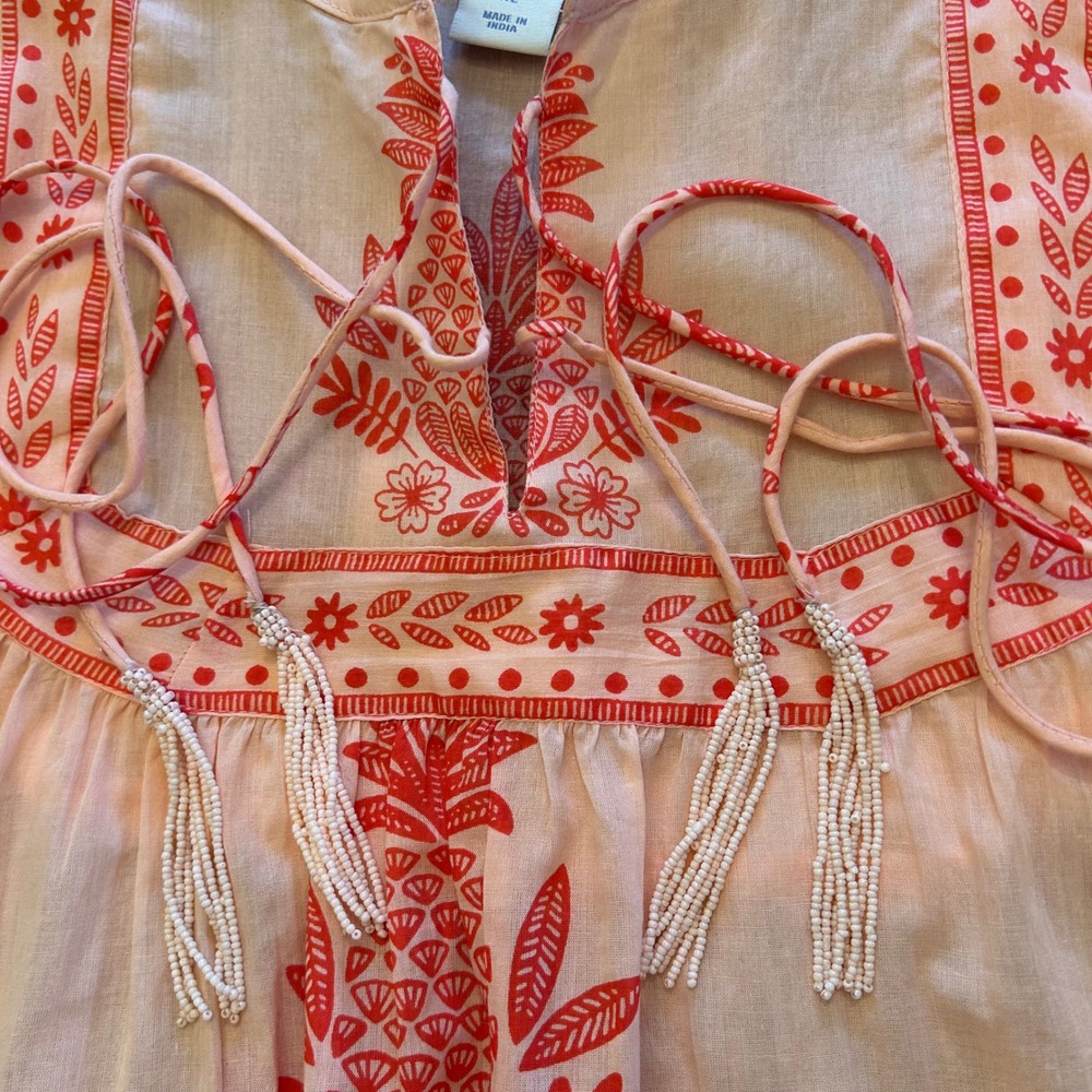 Calypso St Barth Tropical Peasant Top Blouse Pink Size L Beaded Tassels - Picture 14 of 16